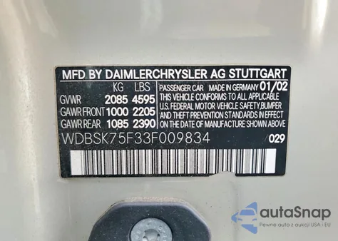 2003 Mercedes-Benz Sl 500R from USA, damaged, VIN WDBSK75F33F009834